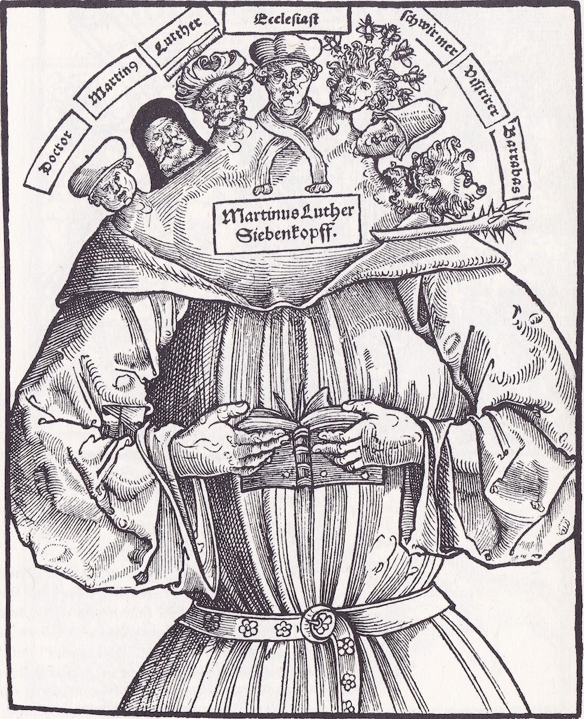 Hans Brosamer (Illustrator), Johannes Cocleus (Autor), “Sieben Köpffe Martini Luthers Vom Hochwirdigen Sacrament des Altars,” 1529