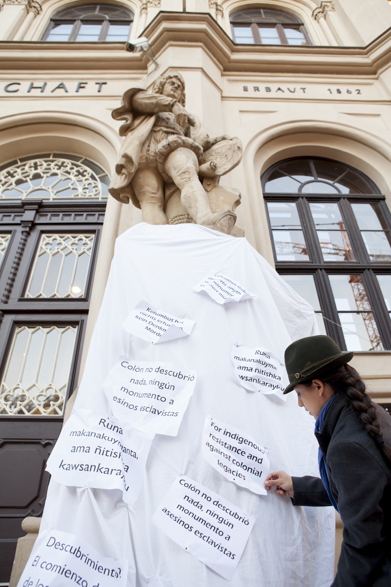 Trenza collective, Intervention at a Christopher Columbus Memorial, Vienna, 2018