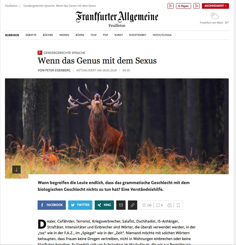 Peter Eisenberg, Wenn das Genus mit dem Sexus, F.A.Z. vom 28.02.2018, Screenshot