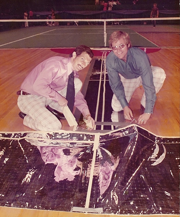 Geoffrey Grant and Robert Nicks with their invention, the “Myler Sensors,” 1976
