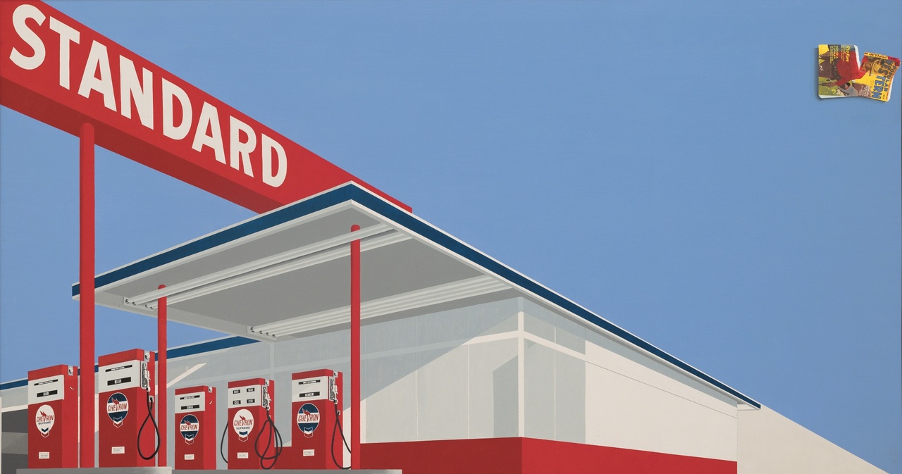 Ed Ruscha, “Standard Station, Ten-Cent Western Being Torn in Half,” 1964