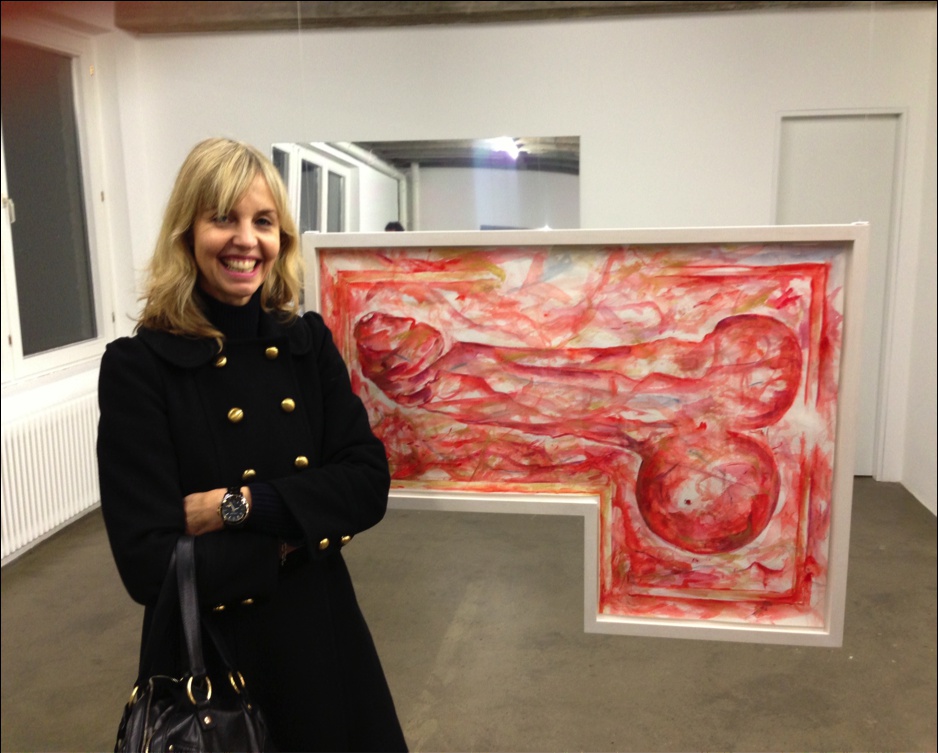 Isabelle Graw next to Jutta Koether`s “Isabelle,” 2013, photo by Jakob Lehrecke