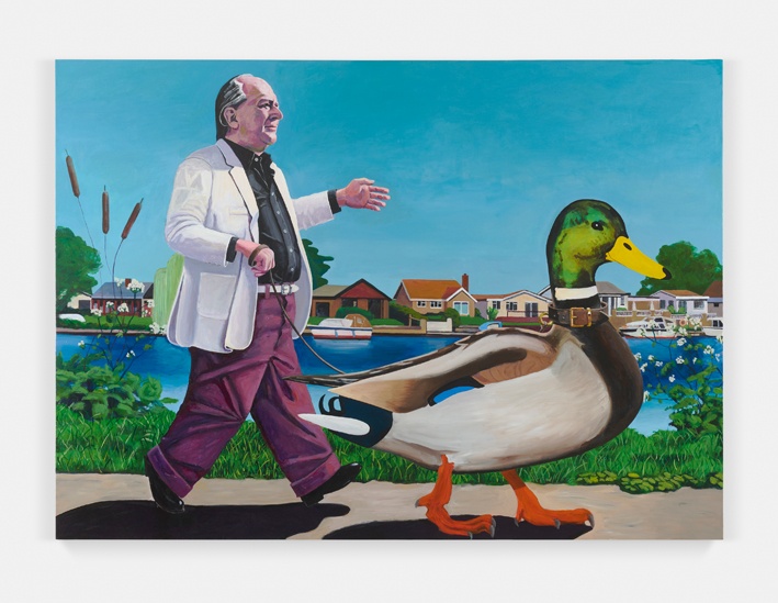 Merlin Carpenter, „J.G. Ballard, Drives an Allard, Goes For a Walk With His Pet Mallard“, 2019.