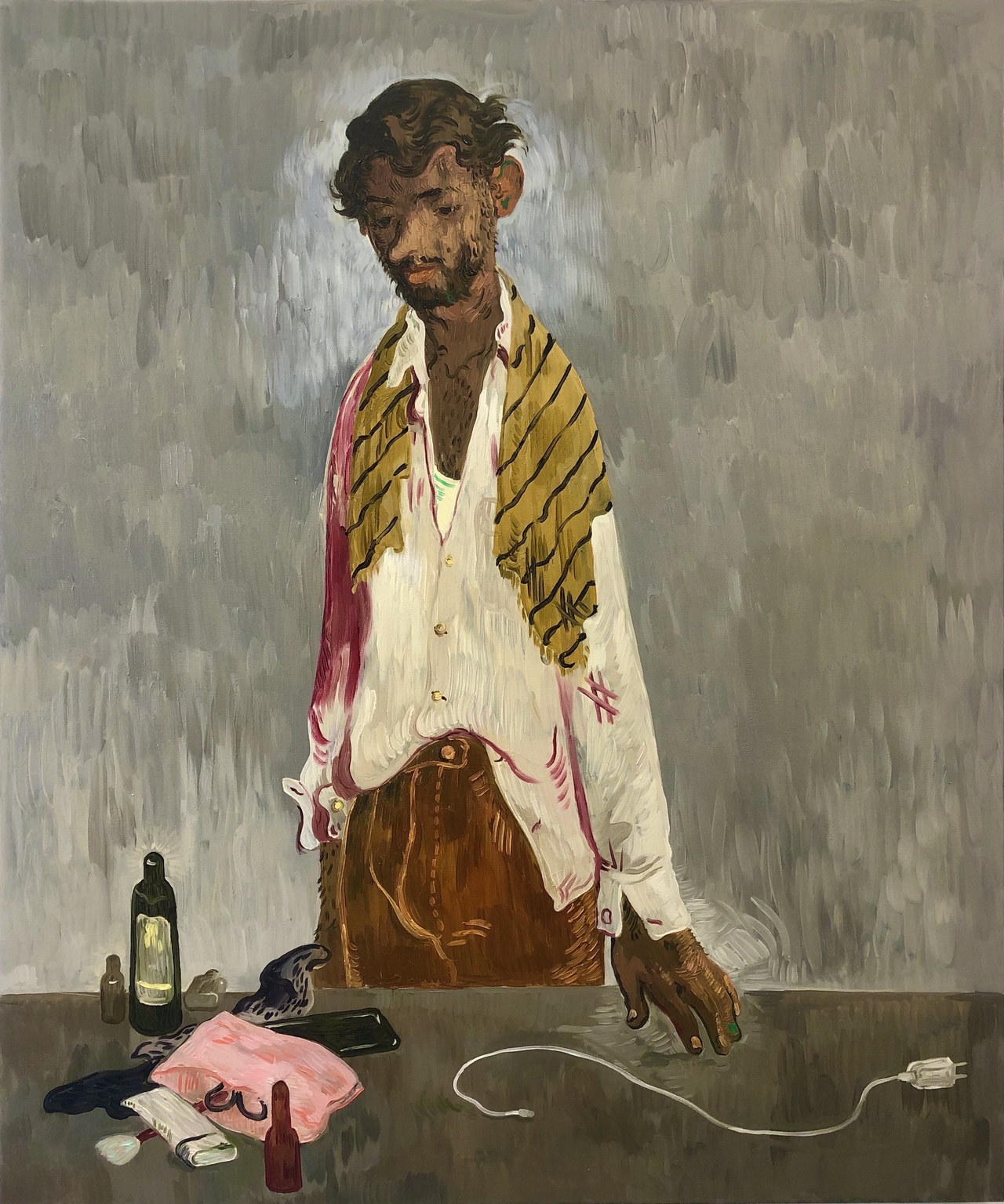 Salman Toor, “Man with Face Creams and Phone Plug,” 2019